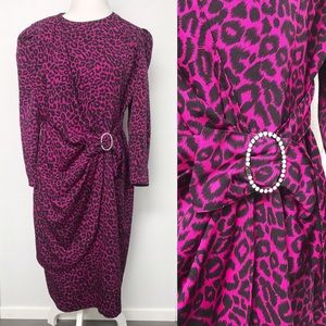 Vintage Leopard Animal Print Wrap Belt Midi Dress